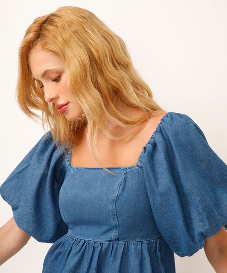 blusa jeans decote quadrado manga bufante azul PP