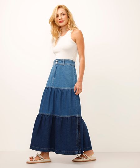 saia midi marias jeans patchwork cintura alta azul 34 saia midi marias jeans patchwork cintura alta azul 34