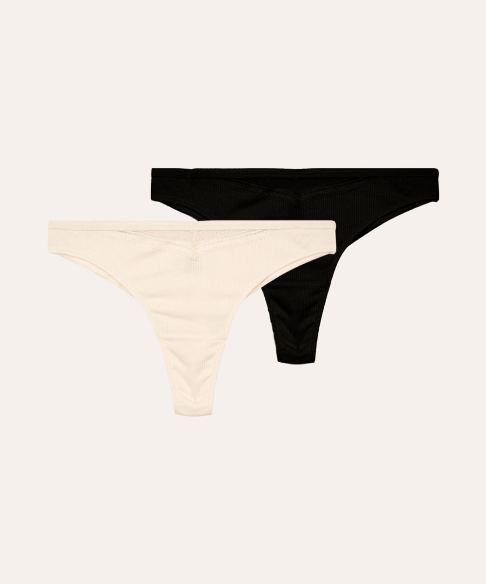 kit de 2 calcinhas fio dental caneladas com renda - sortido (kit)