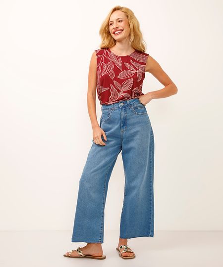 calça wide leg cropped jeans cintura alta azul 34