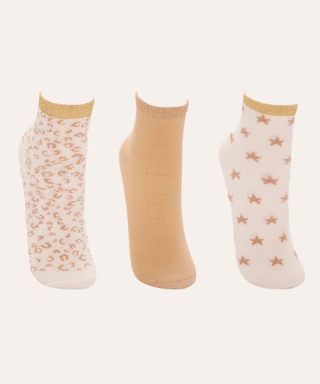 kit de 3 meias cano médio estrelinhas e animal print colorido 34-39