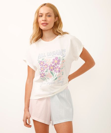 pijama short doll de algodão floral off white G