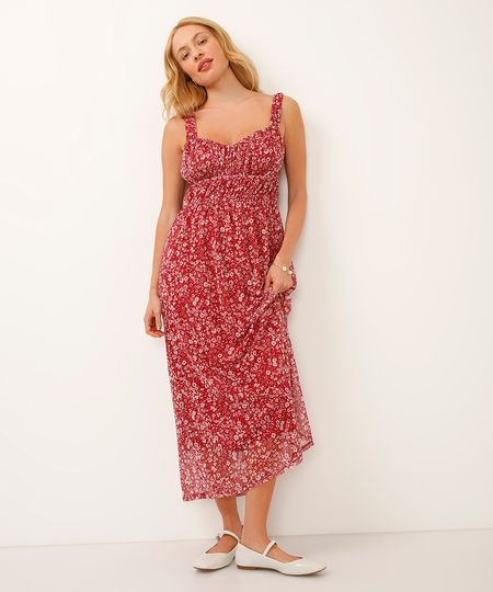 vestido midi de tule floral vermelho PP vestido midi de tule floral vermelho PP