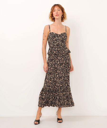 vestido longo decote coração animal print bege PP