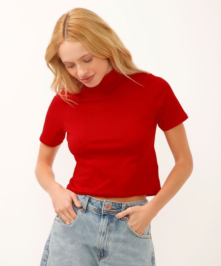 blusa básica manga curta gola alta vermelha PP