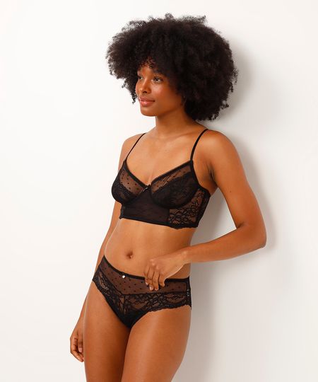 calcinha caleçon de tule poá e renda floral preta G calcinha caleçon de tule poá e renda floral preta G