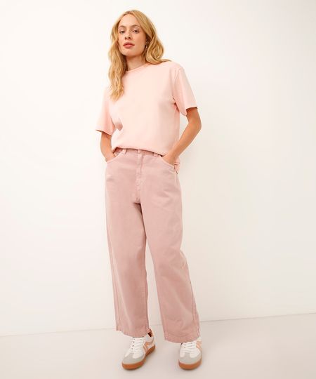 calça barrel de sarja cintura média rosa 36