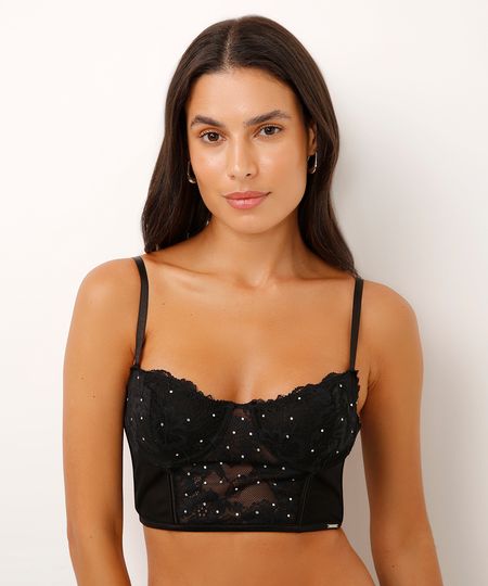 sutiã cropped meia taça rendado com strass floral preto 44