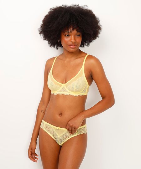 calcinha biquíni renda floral amarela P