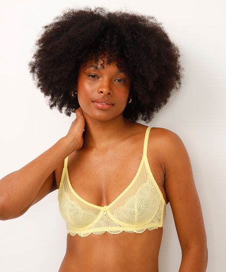 sutiã meia taça sem bojo rendado amarelo 44
