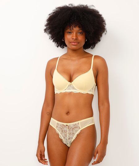 calcinha fio dental em tule e renda amarela P calcinha fio dental em tule e renda amarela P