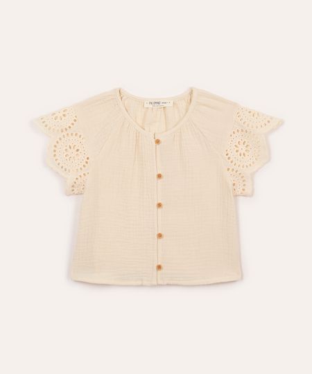 camisa de algodão infantil com laise floral bege 6 camisa de algodão infantil com laise floral bege 6