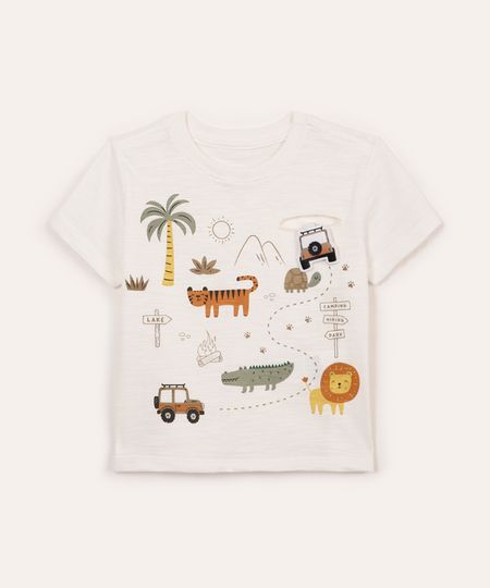 camiseta infantil de algodão bichos com bolso off white 1