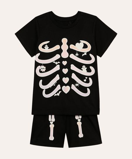 pijama curto esqueleto brilha no escuro infantil preto 4