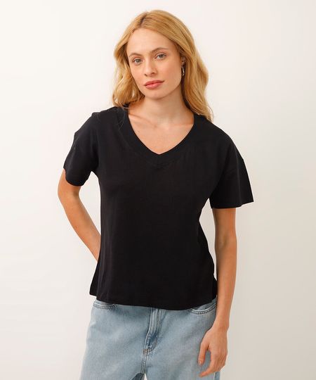 camiseta de algodão decote v manga curta preta GG