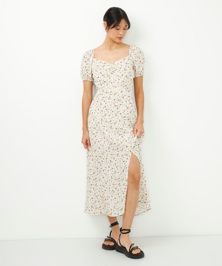 vestido midi manga bufante floral branco GG