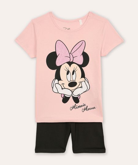 conjunto curto infantil de algodão minnie com glitter rosa 4