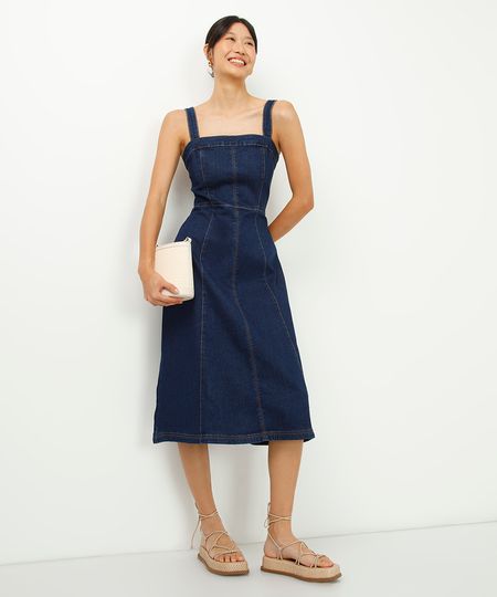 vestido midi jeans evasê alça fina azul PP vestido midi jeans evasê alça fina azul PP