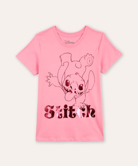 camiseta de algodão juvenil stitch metalizada rosa 14