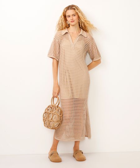 vestido midi de tricot gola polo bege GG vestido midi de tricot gola polo bege GG