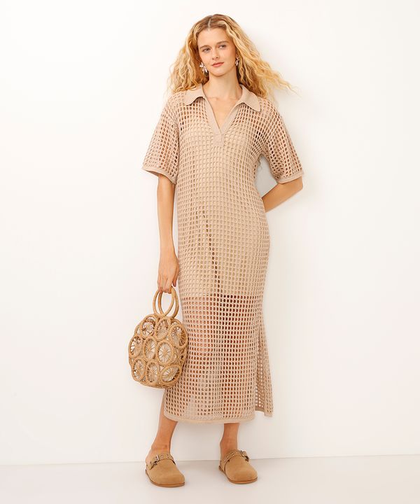vestido midi de tricot gola polo bege M