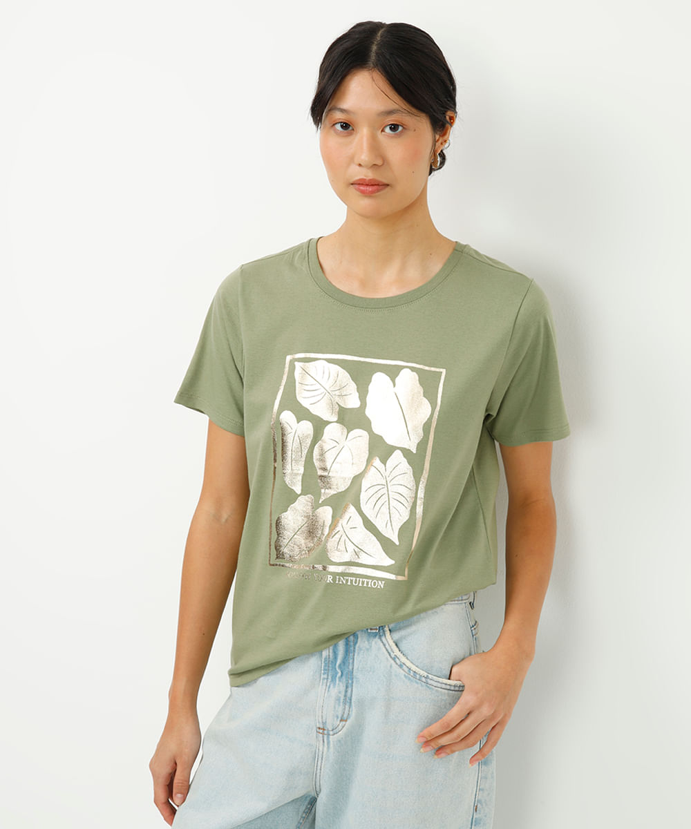 camiseta de algodão manga curta folhagem metalizada verde