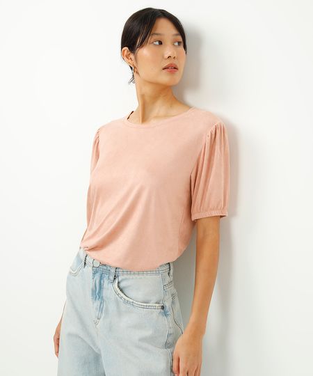blusa de suede decote redondo manga bufante rosa P
