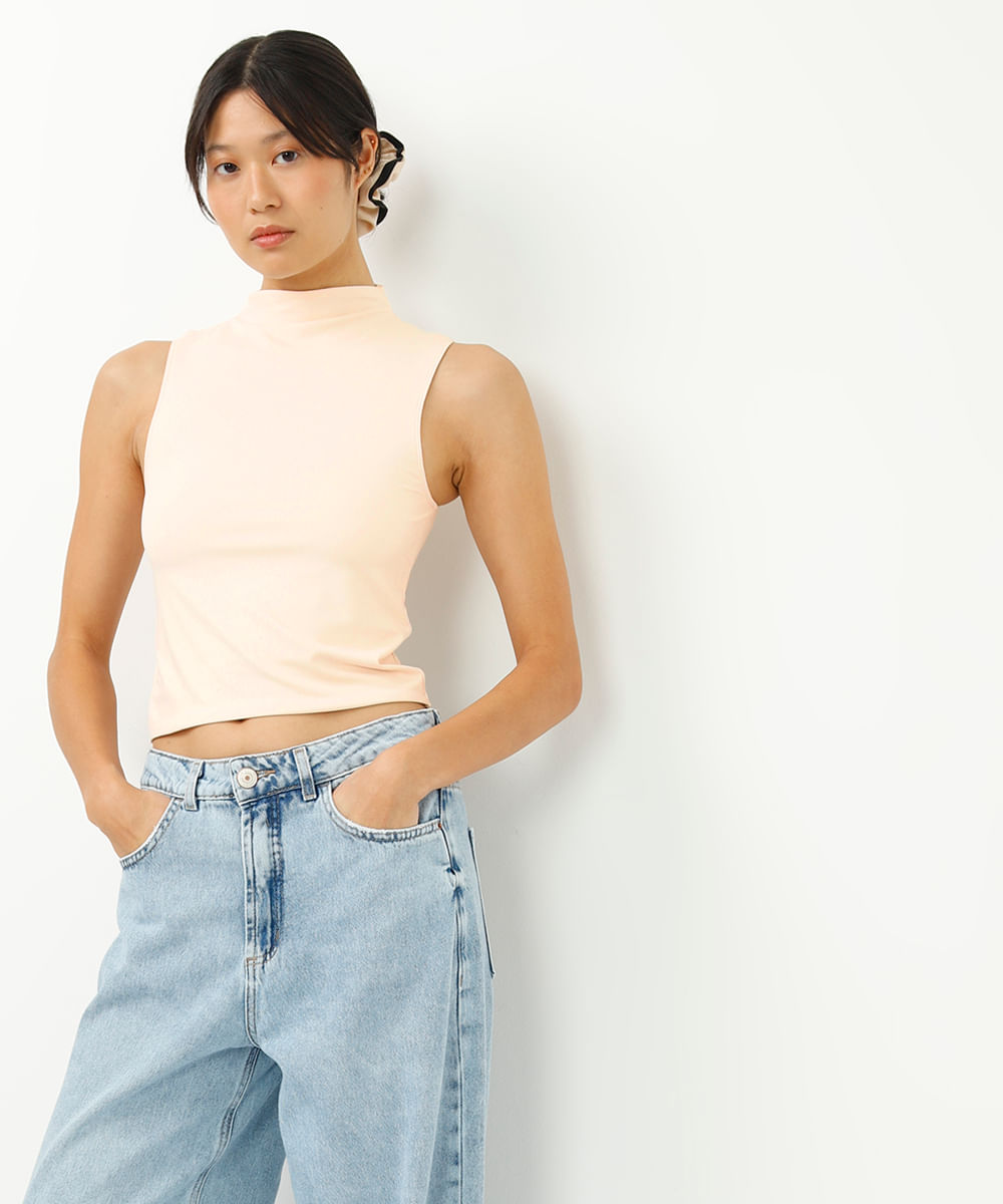 cropped long de poliamida cavado - cru