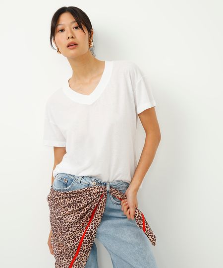 camiseta de algodão decote v manga curta off white PP camiseta de algodão decote v manga curta off white PP