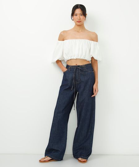 calça reta jeans cintura ajustável azul 34