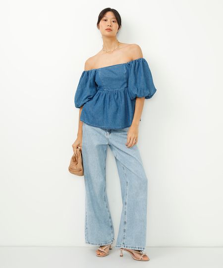 calça wide leg jeans relaxed cintura média azul 38