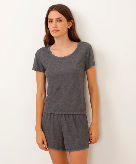 short de pijama curto com renda cinza M