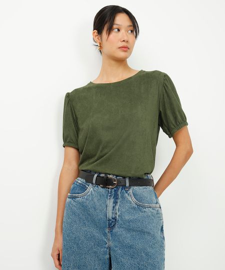 blusa de suede decote redondo manga bufante verde PP