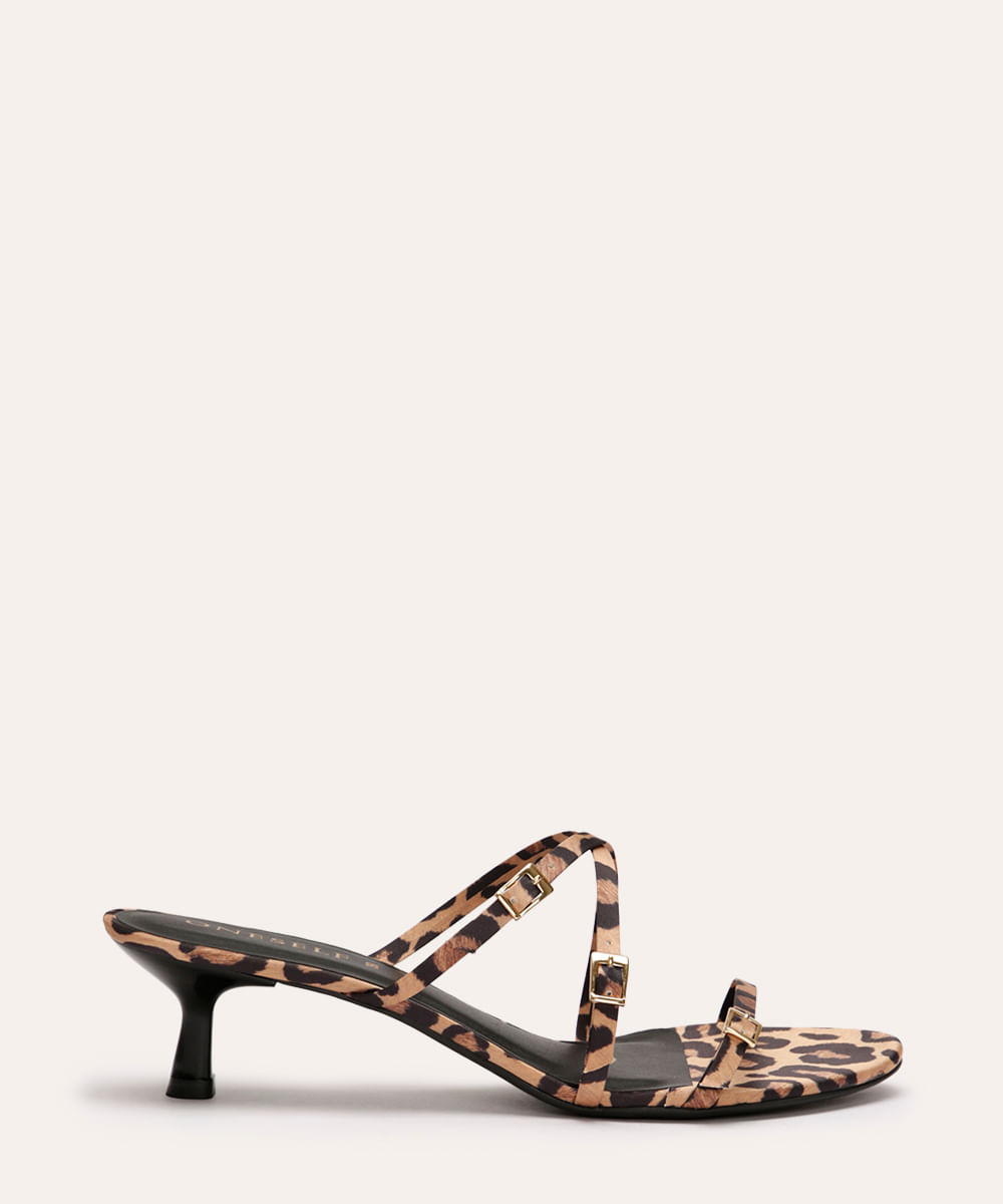 sandália tiras finas com fivela animal print oneself bege
