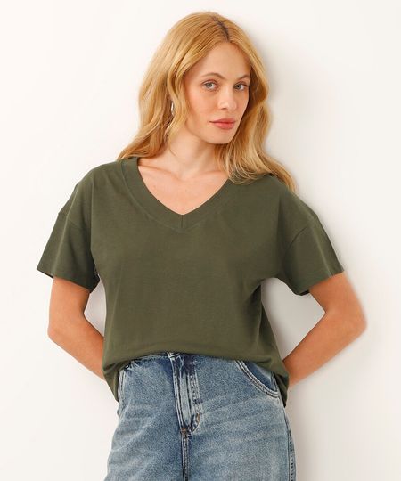 camiseta de algodão decote v manga curta verde P
