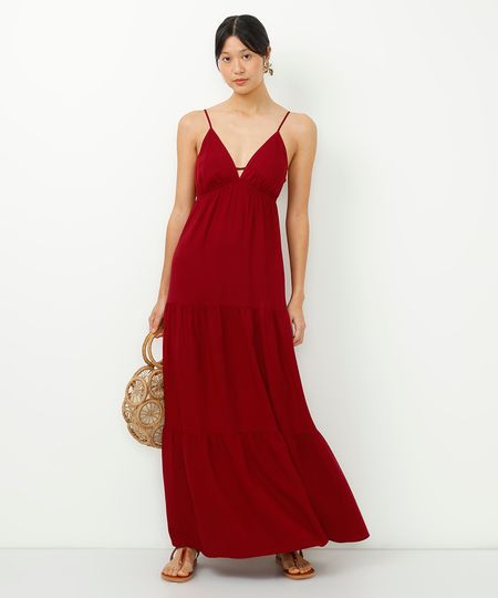 vestido longo de viscose decote v vermelho P