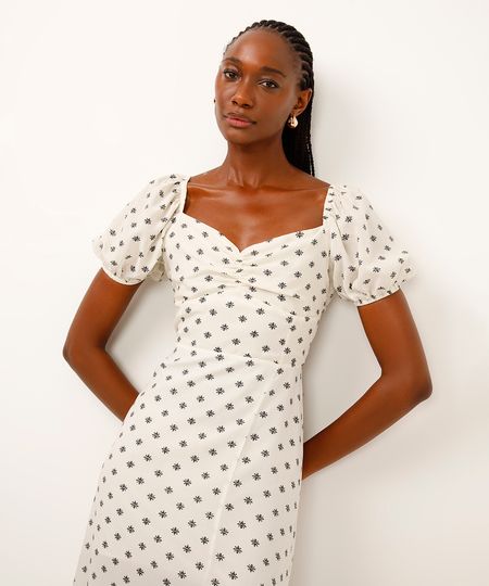 vestido midi de viscose manga bufante floral off white M