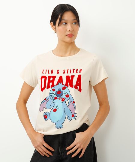 camiseta de algodão manga curta lilo e stitch bege PP camiseta de algodão manga curta lilo e stitch bege PP