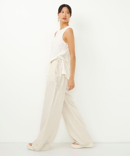 calça pantalona com linho amarração lateral bege G calça pantalona com linho amarração lateral bege G