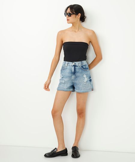 Short Jeans Feminino Mom Cintura Super Alta com Bolsos e Elástico Azul Médio 34 Short Jeans Feminino Mom Cintura Super Alta com Bolsos e Elástico Azul Médio 34