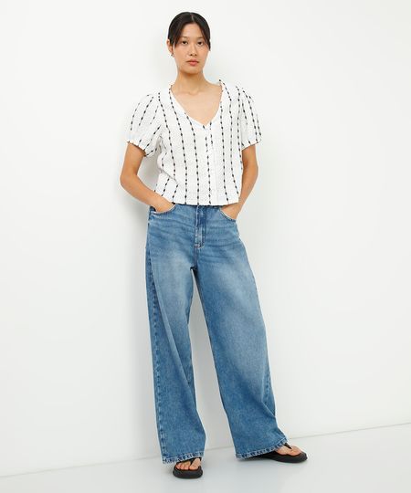 calça wide leg jeans relaxed cintura média azul 36