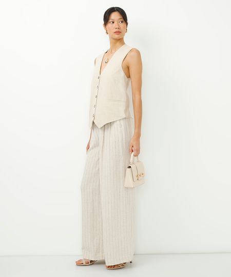 calça wide leg com linho risca de giz bege 38