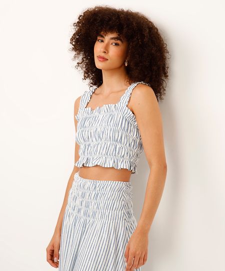cropped de algodão com babados listrado azul G