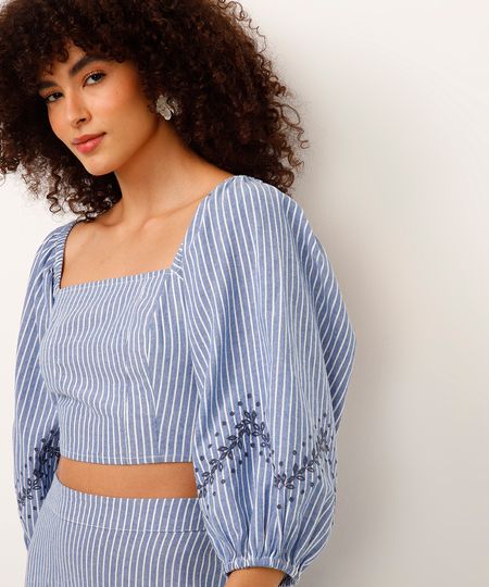 cropped manga bufante listrado floral azul PP cropped manga bufante listrado floral azul PP