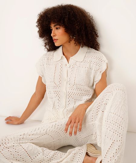 camisa oversized de tricot floral off white P camisa oversized de tricot floral off white P