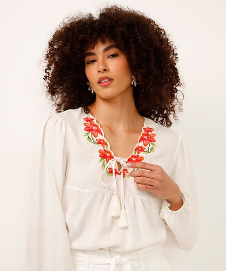 bata com linho manga longa floral off white M bata com linho manga longa floral off white M