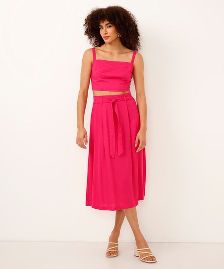 saia midi com linho e amarração rosa 36