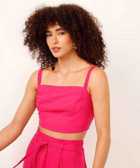cropped de linho alça fina rosa GG