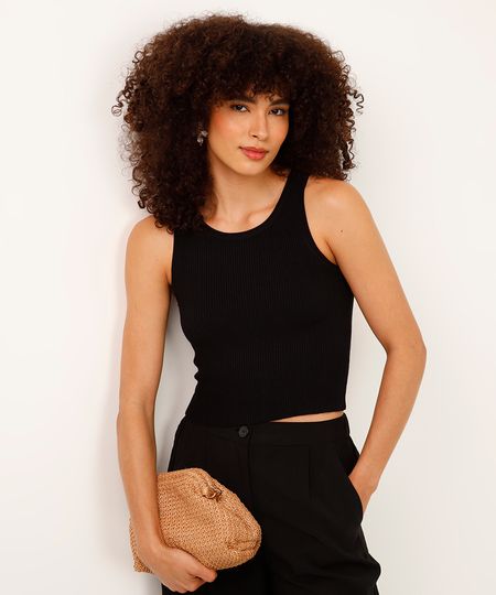 cropped de tricot canelado preto PP
