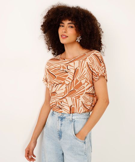 blusa de viscose decote canoa folhagem bege PP blusa de viscose decote canoa folhagem bege PP
